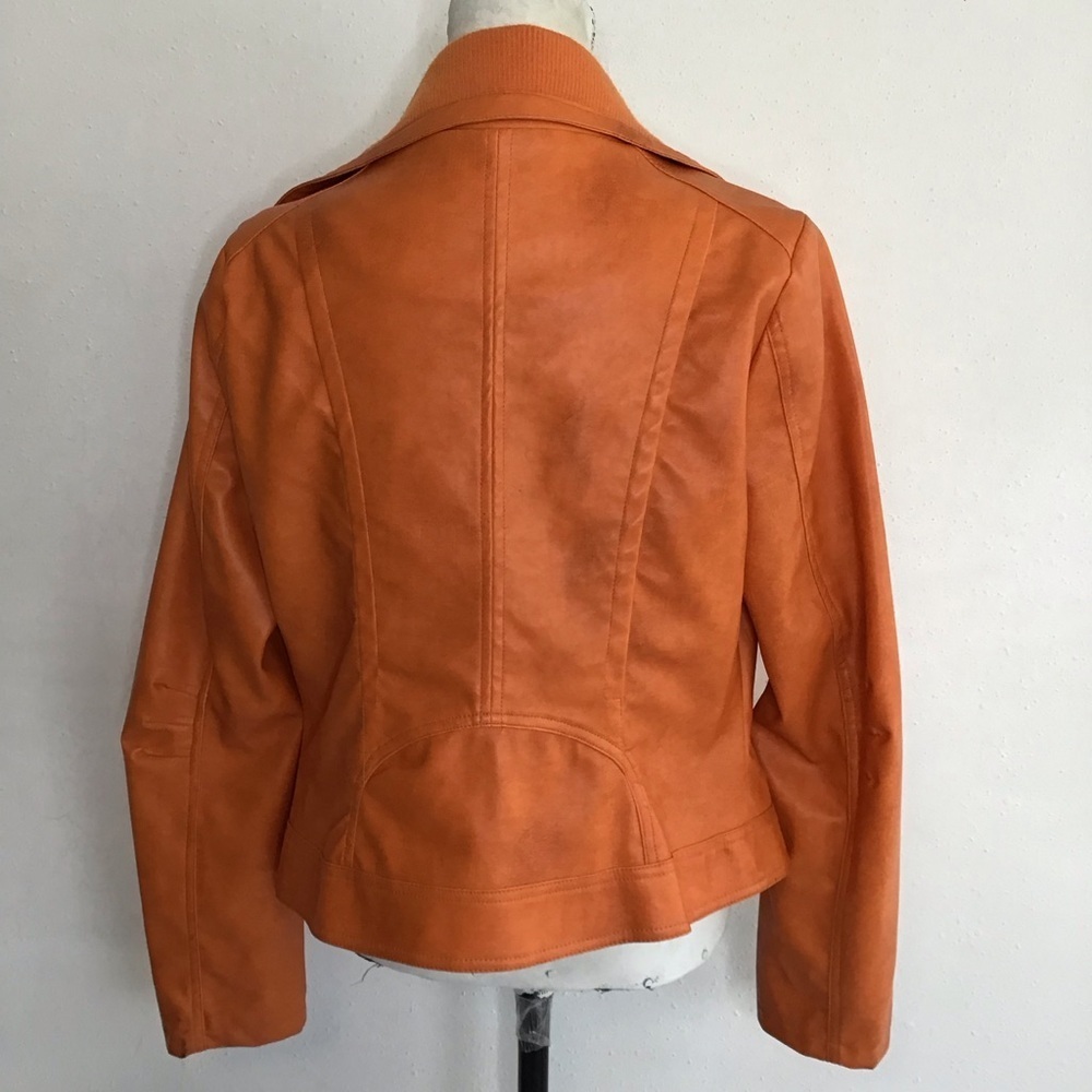 YOKI COLLECTION WOMEN ELEGANT VIBRANT ORANGE FAUX LEATHER COLLAR MOTO JACKET M - Picture 2 of 10